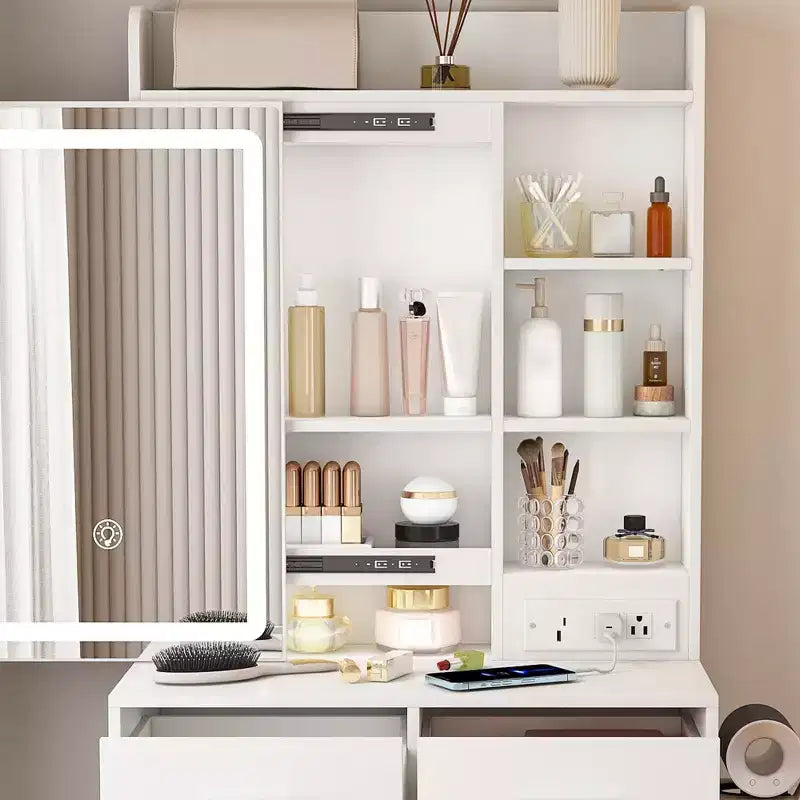 Coiffeuse compacte Okak avec miroir réglable, coiffeuse avec prise de courant intégrée et tabouret rembourré, coiffeuse pour filles pour chambre à coucher, blanc