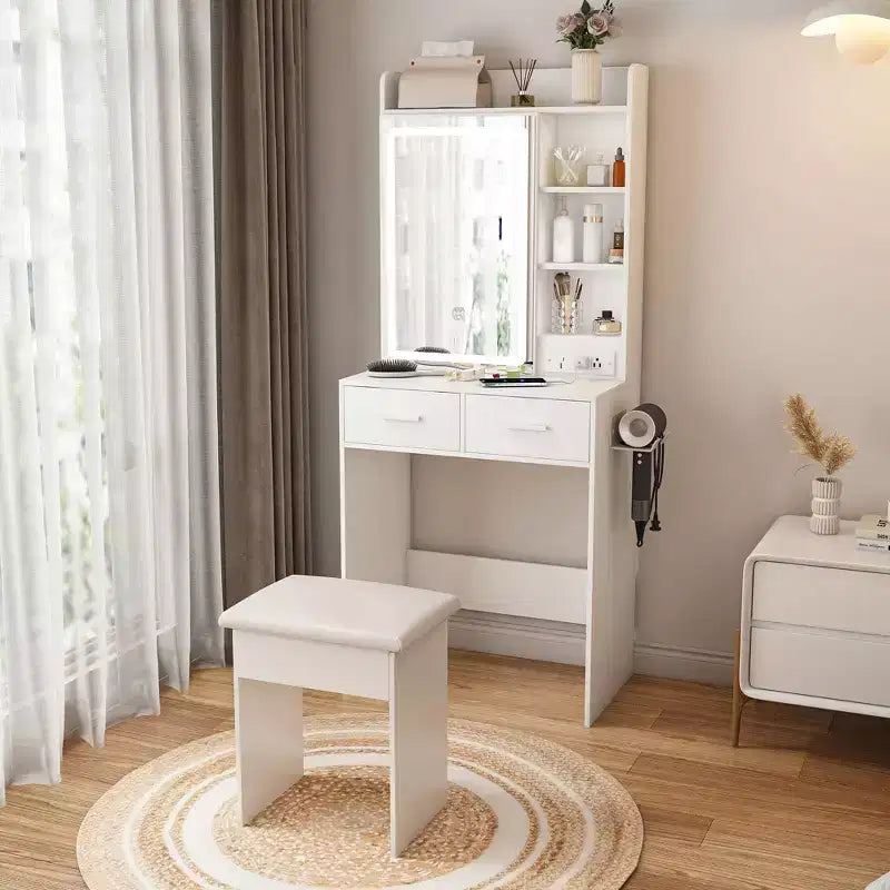 Coiffeuse compacte Okak avec miroir réglable, coiffeuse avec prise de courant intégrée et tabouret rembourré, coiffeuse pour filles pour chambre à coucher, blanc