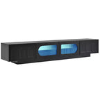 Meuble TV LED avec portes en verre pour téléviseur de 95 pouces, console média en bois avec portes de placard cintrées et contrôle par application pour salon