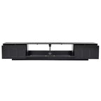 Meuble TV LED avec portes en verre pour téléviseur de 95 pouces, console média en bois avec portes de placard cintrées et contrôle par application pour salon