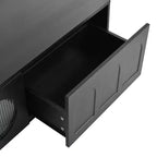 Meuble TV LED avec portes en verre pour téléviseur de 95 pouces, console média en bois avec portes de placard cintrées et contrôle par application pour salon