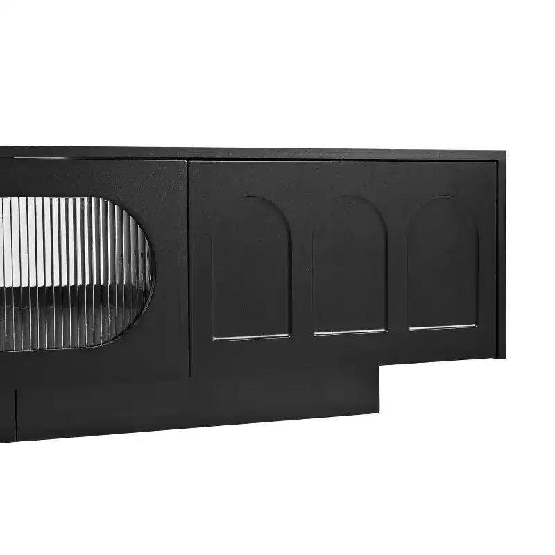 Meuble TV LED avec portes en verre pour téléviseur de 95 pouces, console média en bois avec portes de placard cintrées et contrôle par application pour salon