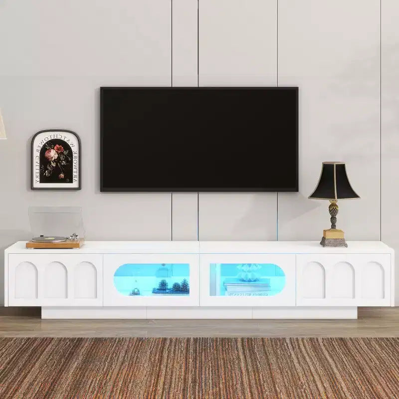 Meuble TV LED avec portes en verre pour téléviseur de 95 pouces, console média en bois avec portes de placard cintrées et contrôle par application pour salon
