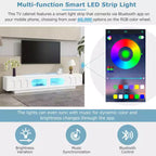 Meuble TV LED avec portes en verre pour téléviseur de 95 pouces, console média en bois avec portes de placard cintrées et contrôle par application pour salon