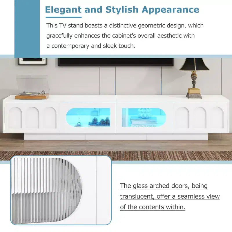 Meuble TV LED avec portes en verre pour téléviseur de 95 pouces, console média en bois avec portes de placard cintrées et contrôle par application pour salon