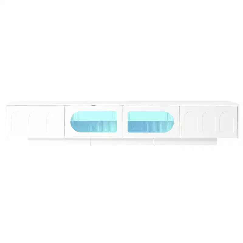 Meuble TV LED avec portes en verre pour téléviseur de 95 pouces, console média en bois avec portes de placard cintrées et contrôle par application pour salon