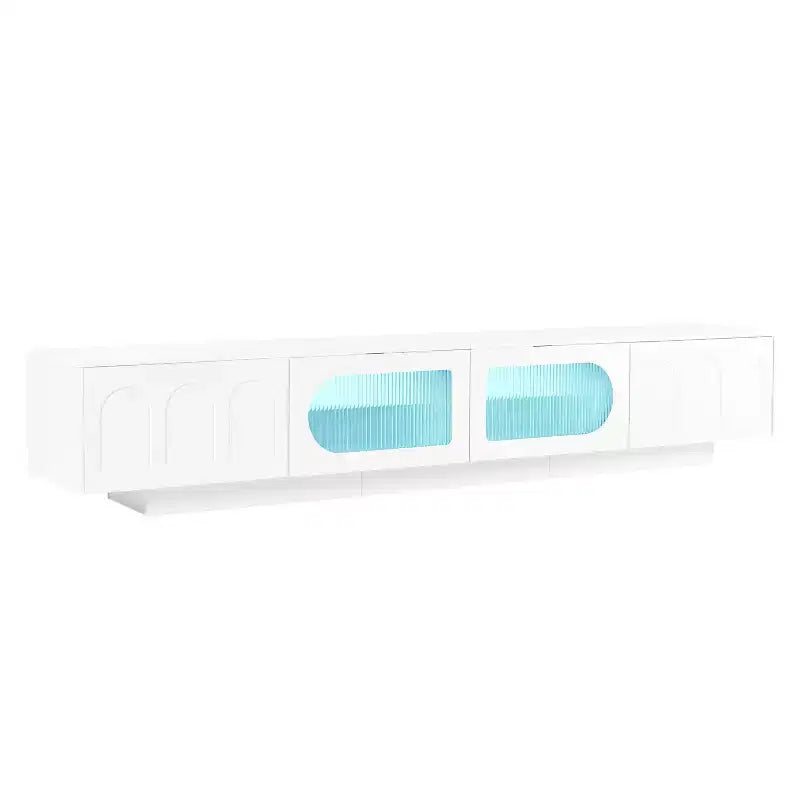 Meuble TV LED avec portes en verre pour téléviseur de 95 pouces, console média en bois avec portes de placard cintrées et contrôle par application pour salon