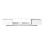 Meuble TV LED avec portes en verre pour téléviseur de 95 pouces, console média en bois avec portes de placard cintrées et contrôle par application pour salon
