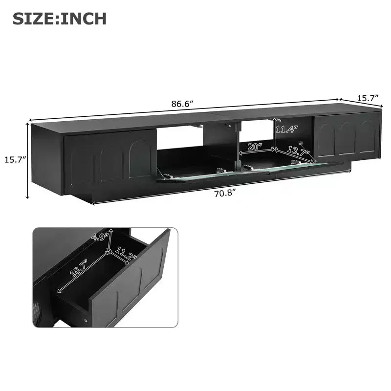 Meuble TV LED avec portes en verre pour téléviseur de 95 pouces, console média en bois avec portes de placard cintrées et contrôle par application pour salon