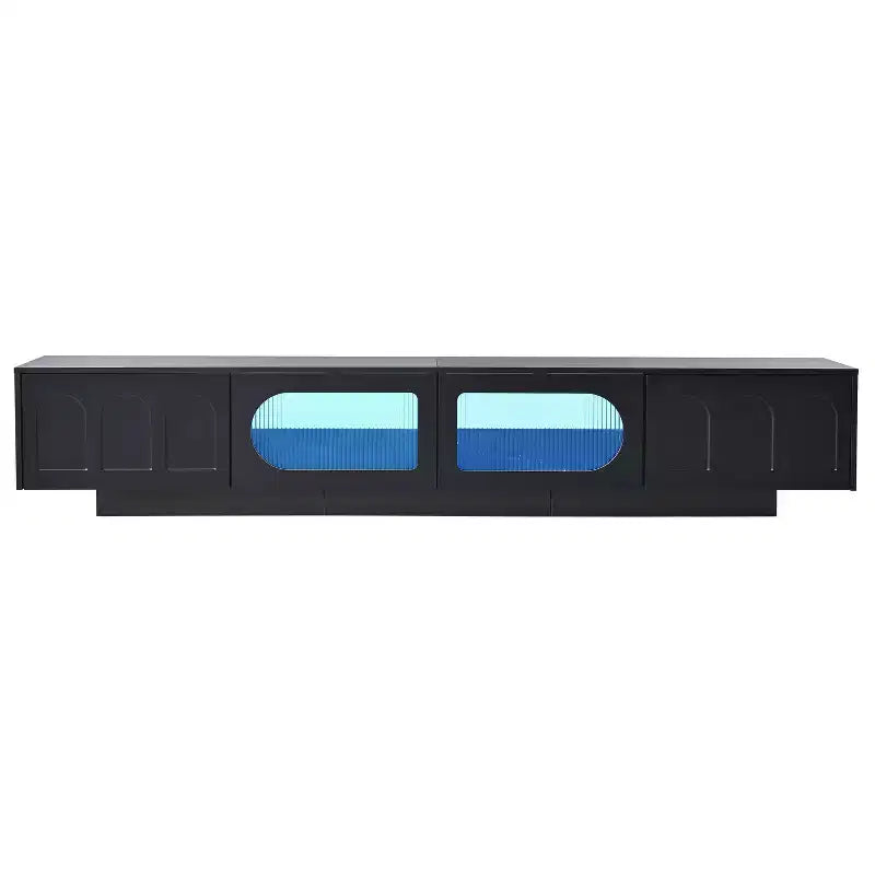 Meuble TV LED avec portes en verre pour téléviseur de 95 pouces, console média en bois avec portes de placard cintrées et contrôle par application pour salon