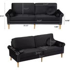 Canapé 3 places luxueux en velours noir 78 po, pieds en bois d'hévéa, 2 accoudoirs ronds incurvés, coussin touffeté à capitons en éponge haute résilience, clous décoratifs