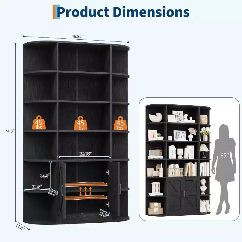 Bibliothèque de 190,5 cm de hauteur avec rangement, meuble de rangement 6 niveaux de 119,38 cm de large de style Ferme Moderne, organisateur d'étagères pour la maison
