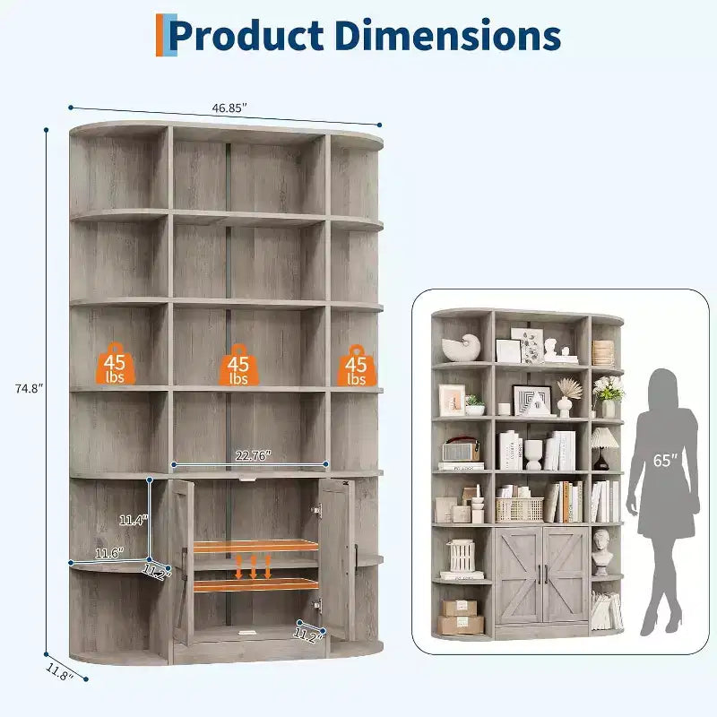 Bibliothèque de 190,5 cm de hauteur avec rangement, meuble de rangement 6 niveaux de 119,38 cm de large de style Ferme Moderne, organisateur d'étagères pour la maison