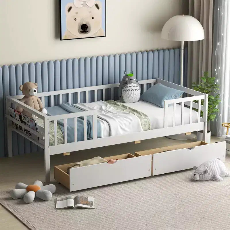 Lit pour enfant une place Costway avec rangement, 2 tiroirs coulissants, étagère latérale, pour enfants et adolescents
