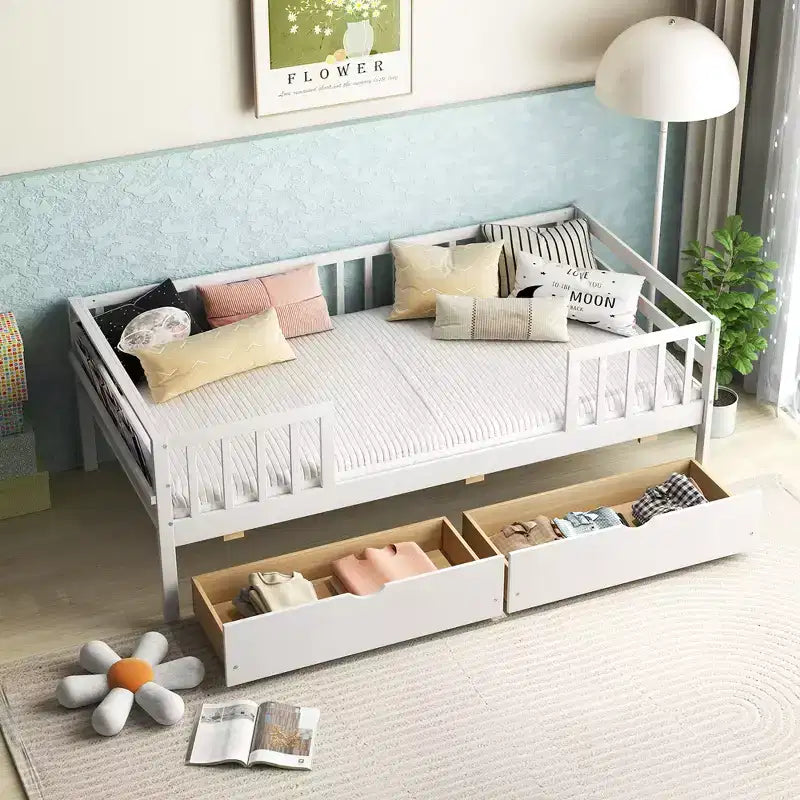 Lit pour enfant une place Costway avec rangement, 2 tiroirs coulissants, étagère latérale, pour enfants et adolescents