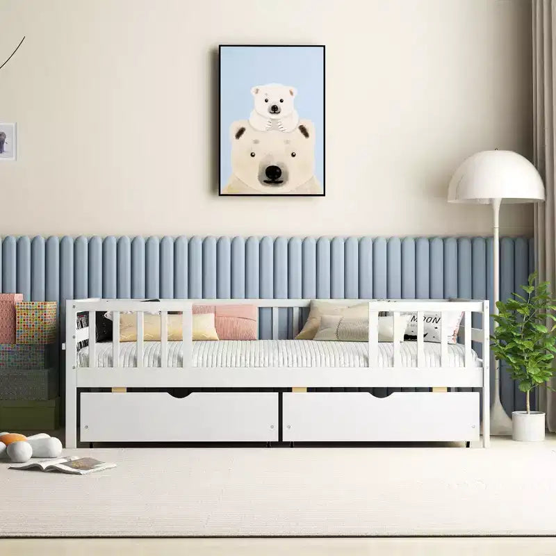 Lit pour enfant une place Costway avec rangement, 2 tiroirs coulissants, étagère latérale, pour enfants et adolescents