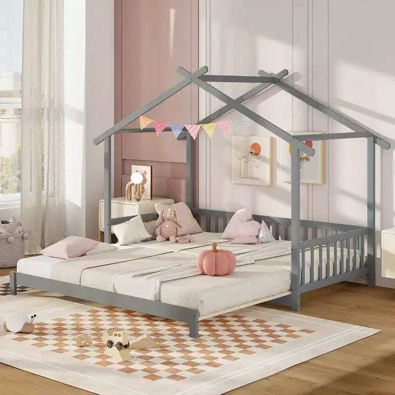 Lit cabane en bois Costway, convertible de taille simple à très grand, avec barrières de sécurité et toit décoratif