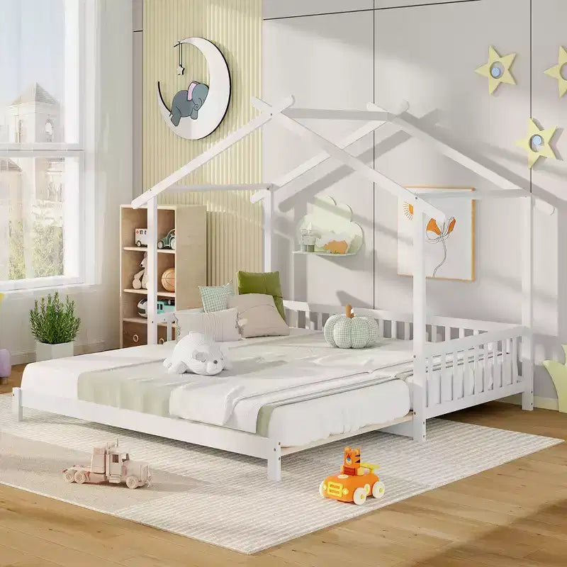 Lit cabane en bois Costway, convertible de taille simple à très grand, avec barrières de sécurité et toit décoratif