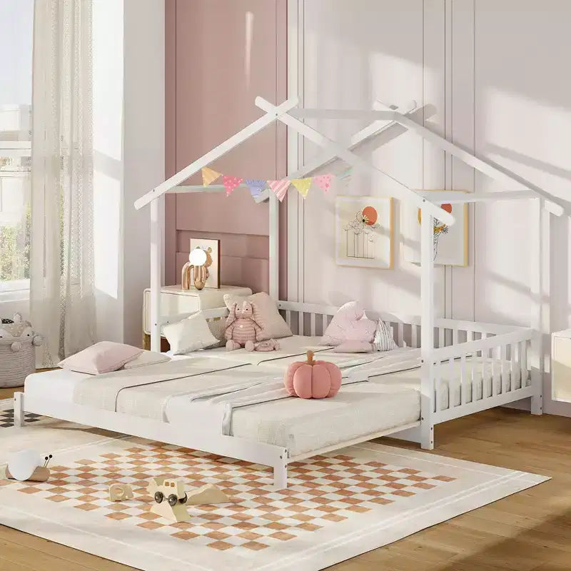 Lit cabane en bois Costway, convertible de taille simple à très grand, avec barrières de sécurité et toit décoratif