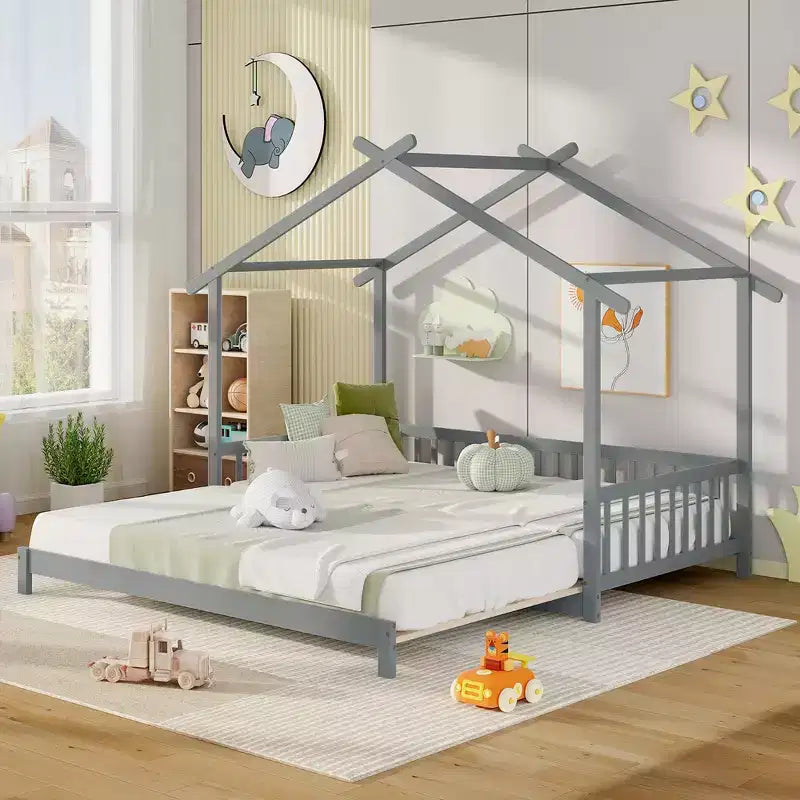 Lit cabane en bois Costway, convertible de taille simple à très grand, avec barrières de sécurité et toit décoratif