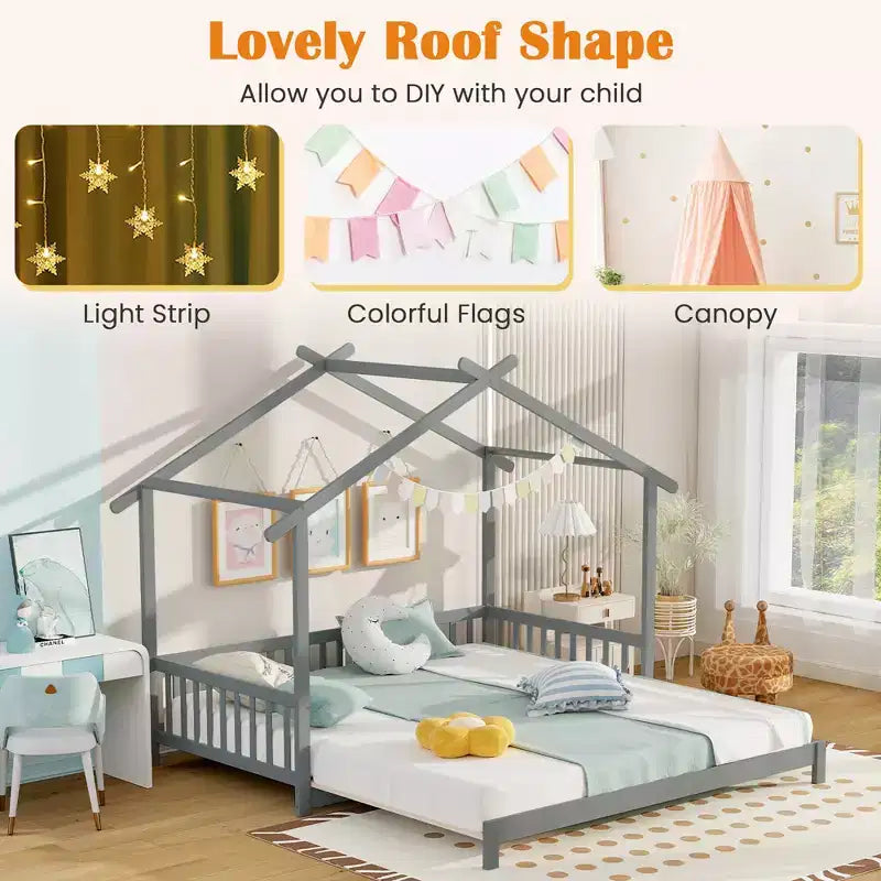 Lit cabane en bois Costway, convertible de taille simple à très grand, avec barrières de sécurité et toit décoratif