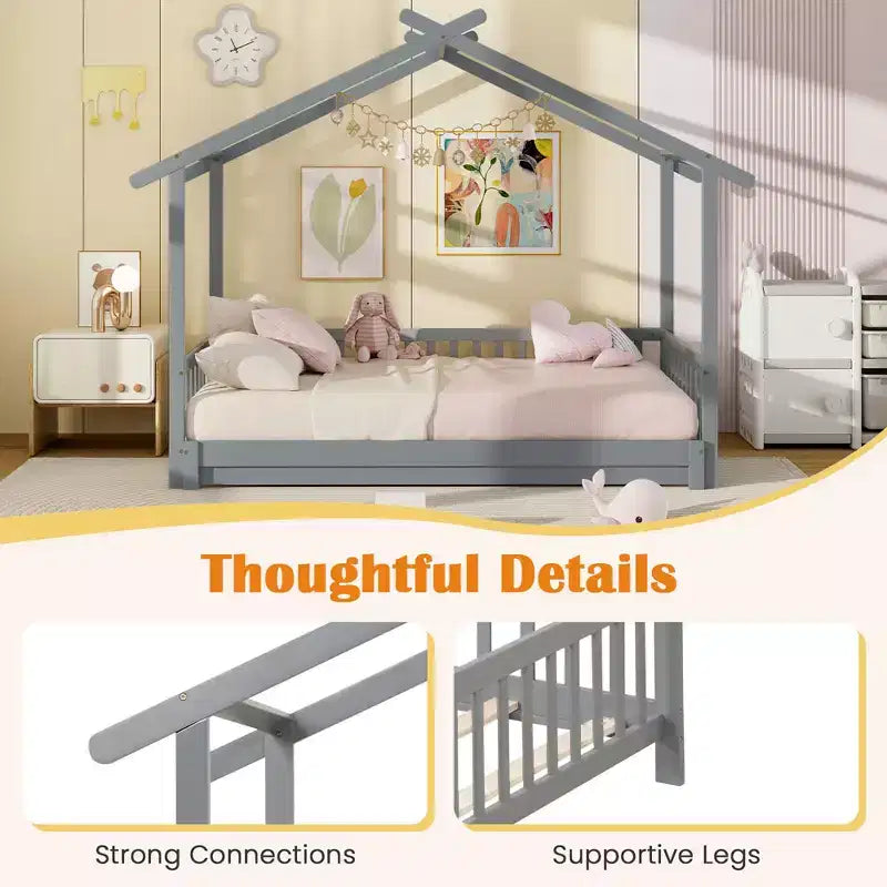 Lit cabane en bois Costway, convertible de taille simple à très grand, avec barrières de sécurité et toit décoratif