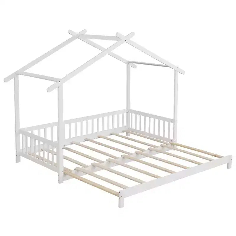 Lit cabane en bois Costway, convertible de taille simple à très grand, avec barrières de sécurité et toit décoratif