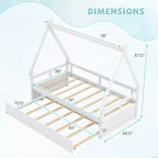 Lit cabane double Costway avec lit gigogne, toit et barrière de sécurité, support à lattes en bois blanc