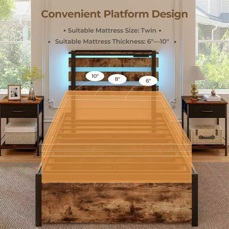 Cadre de lit double Costway avec tiroirs, lumières LED, prises et ports USB, contrôle intelligent par application