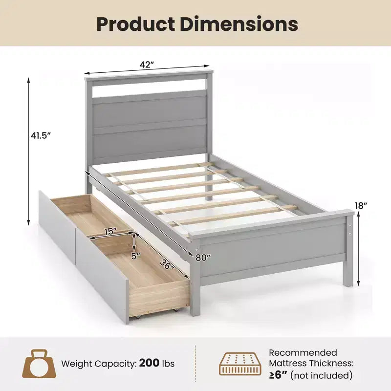 Lit plateforme double Costway avec tiroirs, 2 tiroirs coulissants, tête et pied de lit, gris
