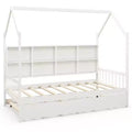 Costway Twin House Daybed with Trundle Wooden Bed 8 Storage Shelf Compartments White