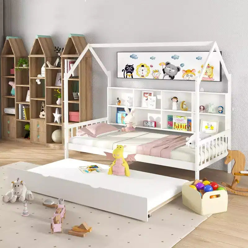 Lit de repos double Costway en forme de maison avec tiroir-lit en bois, 8 compartiments de rangement, blanc