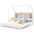 Lit de repos double Costway en forme de maison avec tiroir-lit en bois, 8 compartiments de rangement, blanc