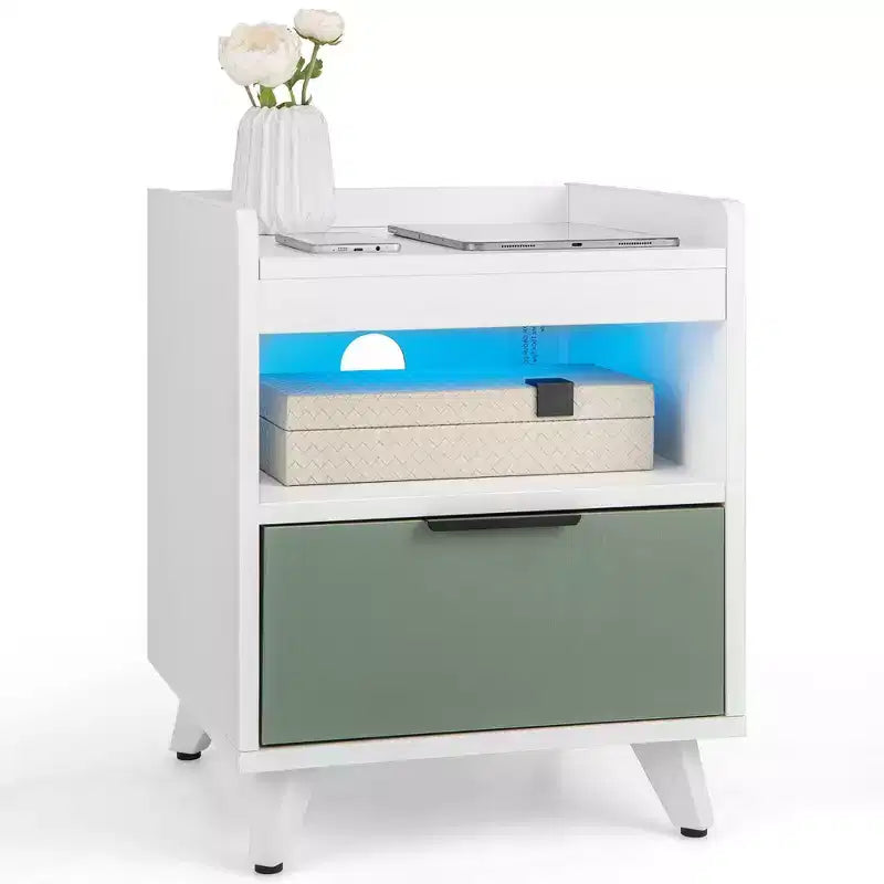 Costway Lot de 2 tables de chevet modernes avec lumières LED, compartiment ouvert et tiroir