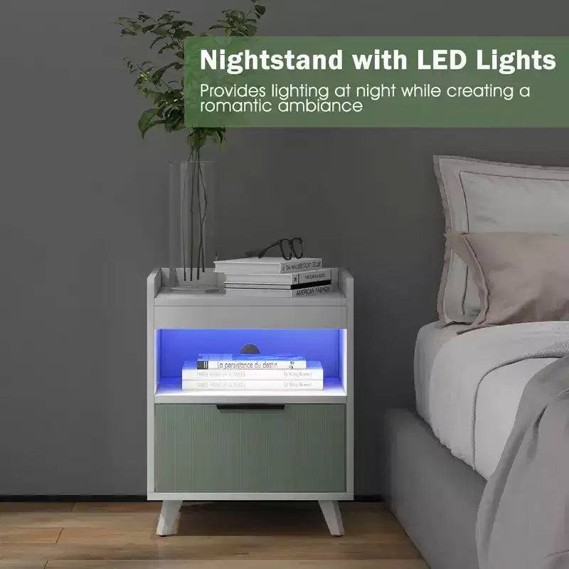 Costway Lot de 2 tables de chevet modernes avec lumières LED, compartiment ouvert et tiroir