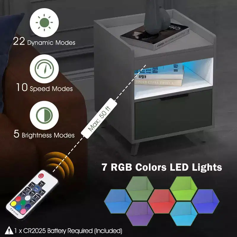 Costway Lot de 2 tables de chevet modernes avec lumières LED, compartiment ouvert et tiroir