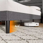Lit plate-forme King moderne gris capitonné avec rangement, tête de lit à 2 étagères, lumières LED, station de charge, ports USB, sommier tapissier non requis, lattes en bois