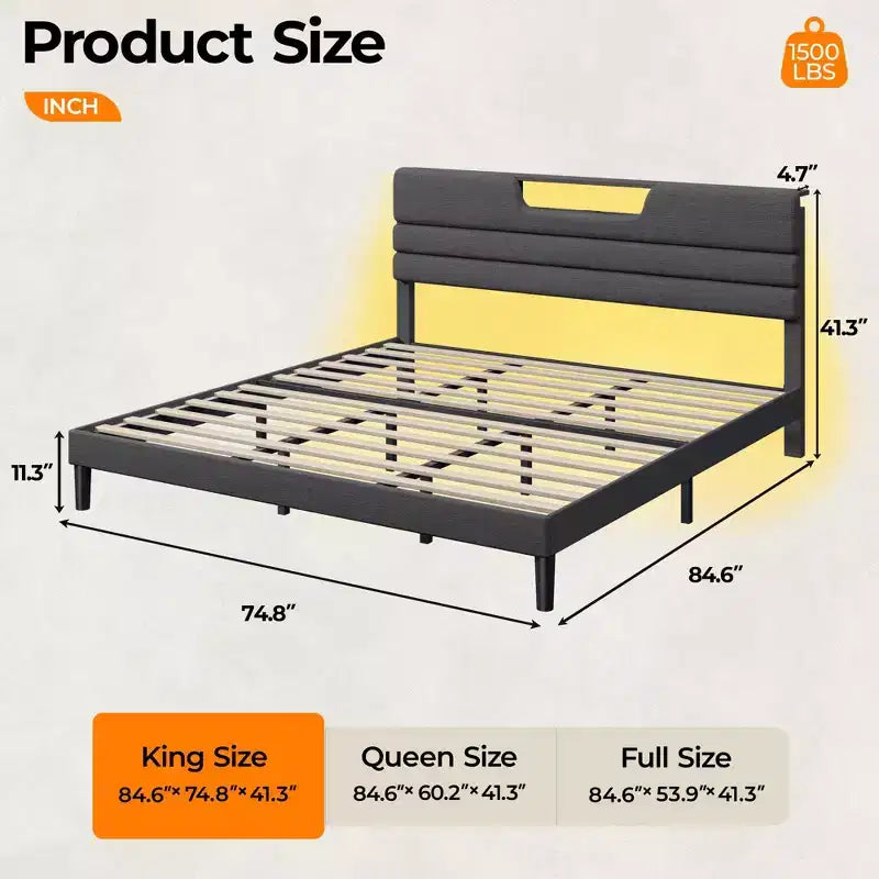 Lit plate-forme King moderne gris capitonné avec rangement, tête de lit à 2 étagères, lumières LED, station de charge, ports USB, sommier tapissier non requis, lattes en bois
