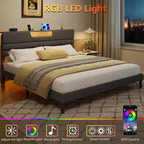 Lit plate-forme King moderne gris capitonné avec rangement, tête de lit à 2 étagères, lumières LED, station de charge, ports USB, sommier tapissier non requis, lattes en bois