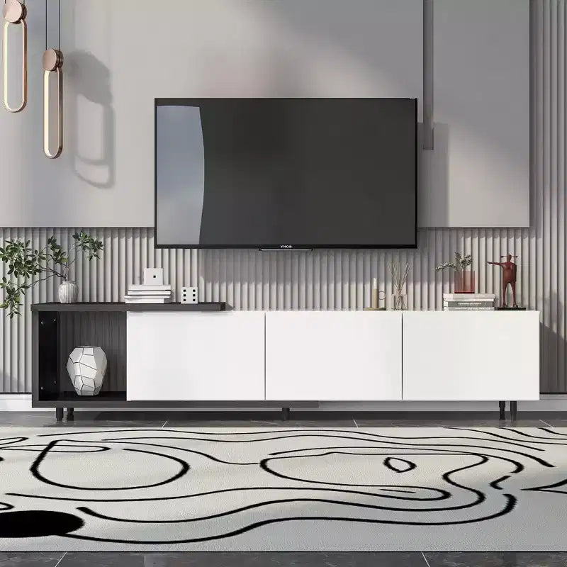 Meuble TV moderne pour téléviseurs de 80 pouces, meuble de rangement TV en bois avec 3 tiroirs, meuble TV/console multimédia avec pieds réglables et étagère ouverte