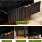 Commode large à 3 tiroirs en bois cannelé noir, organisateur de rangement moderne avec pieds en métal et dispositif anti-basculement pour chambre, salon