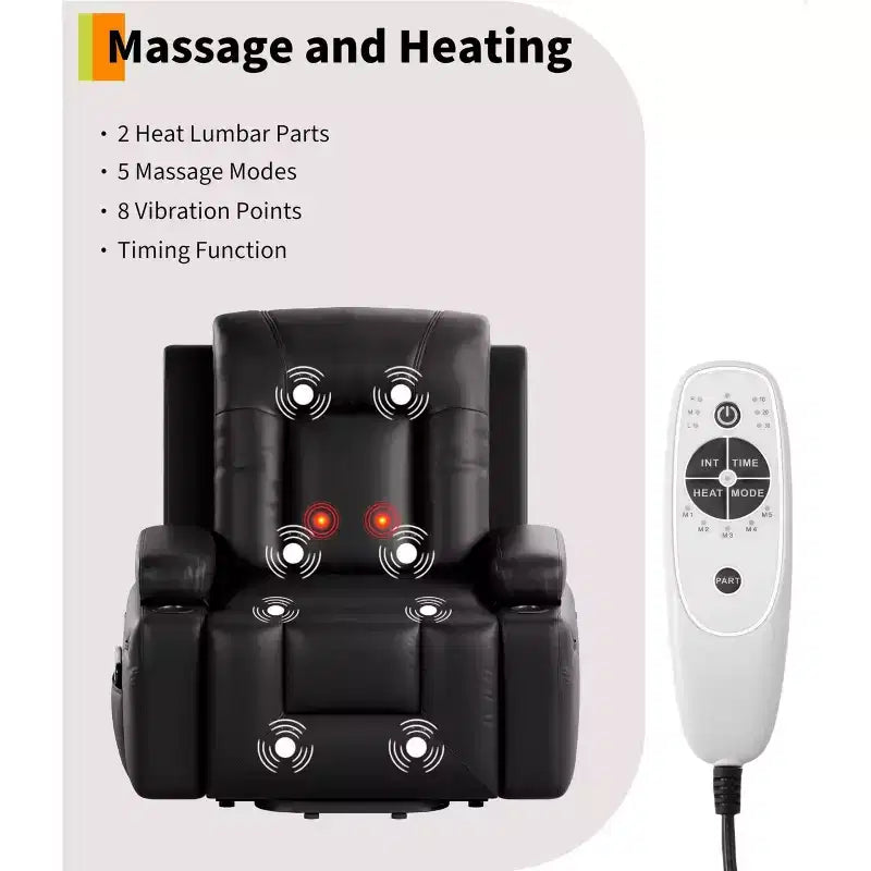 Fauteuil inclinable releveur électrique - Chaleur et massage pour personnes âgées et à mobilité réduite, dossier et jambes réglables, fauteuil releveur robuste pour seniors