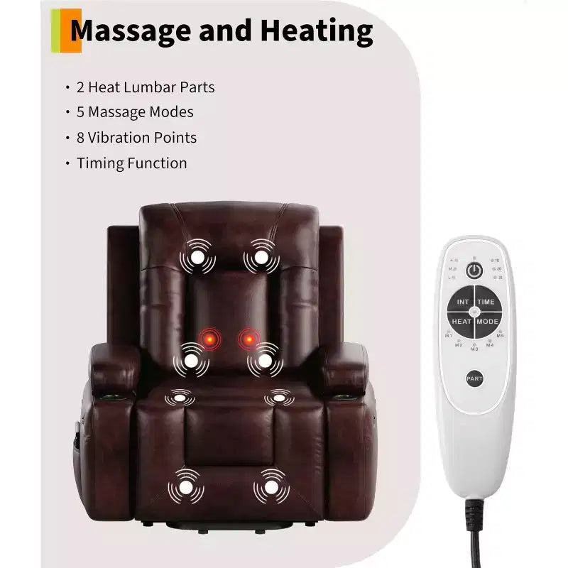 Fauteuil inclinable releveur électrique - Chaleur et massage pour personnes âgées et à mobilité réduite, dossier et jambes réglables, fauteuil releveur robuste pour seniors