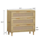 Commode à 3 tiroirs pour chambre à coucher, commode en bois avec tiroirs en rotin et poignées en métal, organisateur de placard style bohème ou ferme, couleur chêne