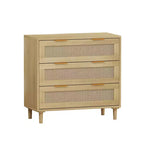 Commode à 3 tiroirs pour chambre à coucher, commode en bois avec tiroirs en rotin et poignées en métal, organisateur de placard style bohème ou ferme, couleur chêne