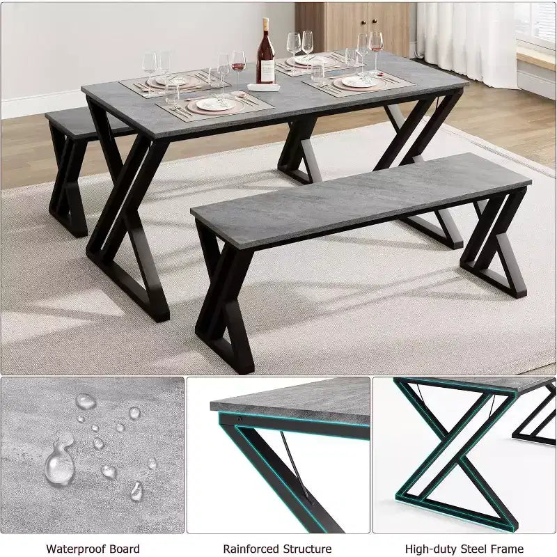 Ensemble table de salle à manger pour 4 personnes avec 2 bancs, table de cuisine rectangulaire, cadre métallique robuste, peu encombrant pour salle à manger, cuisine, appartement
