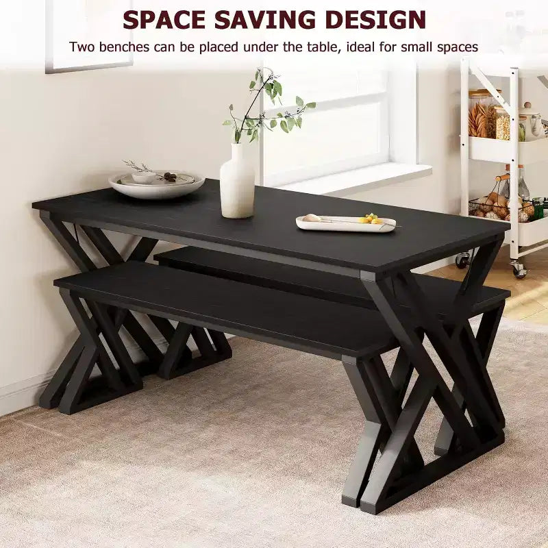 Ensemble table de salle à manger pour 4 personnes avec 2 bancs, table de cuisine rectangulaire, cadre métallique robuste, peu encombrant pour salle à manger, cuisine, appartement