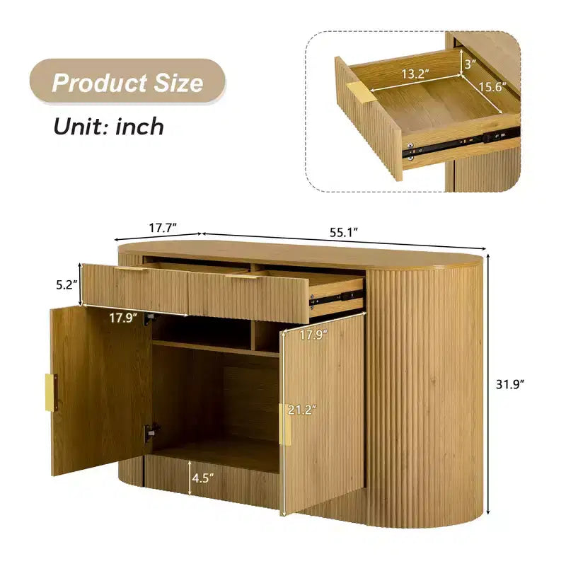 Buffet de rangement Okak Farmhouse 2 tiroirs et 2 portes pour salle à manger, salon, armoires de garde-manger de cuisine avec porte latérale incurvée