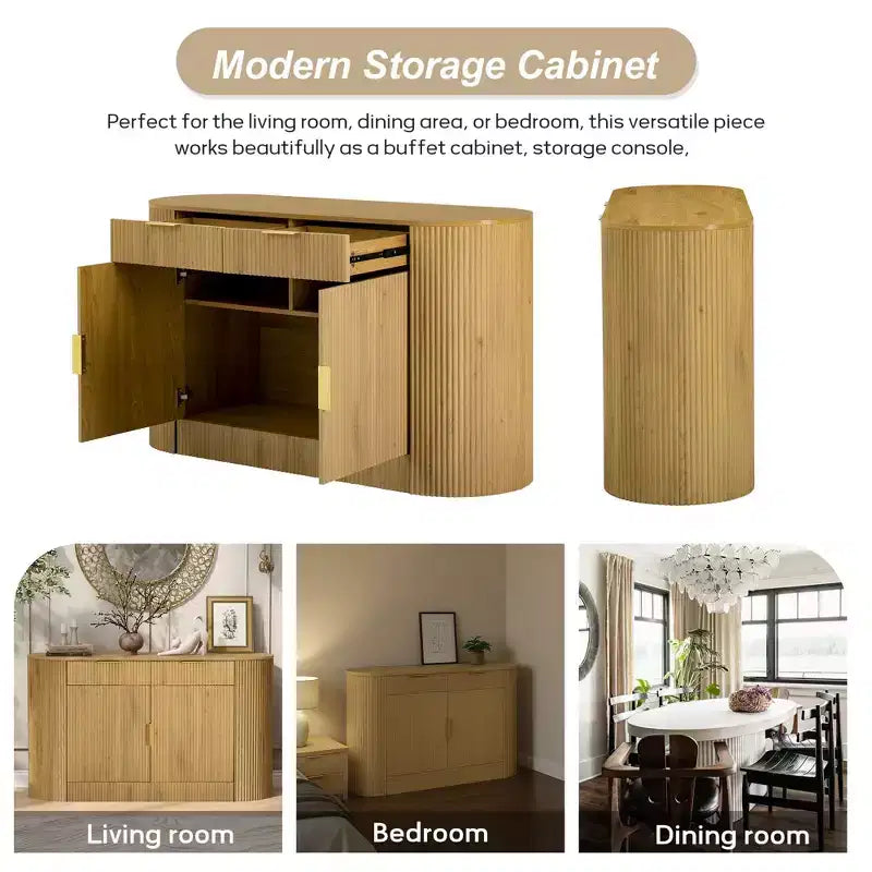 Buffet de rangement Okak Farmhouse 2 tiroirs et 2 portes pour salle à manger, salon, armoires de garde-manger de cuisine avec porte latérale incurvée