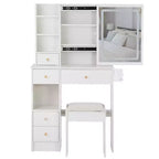 Coiffeuse avec miroir et lumières, Petite table de maquillage avec tiroirs et armoire, Coiffeuse avec tabouret et prise de courant pour chambre à coucher
